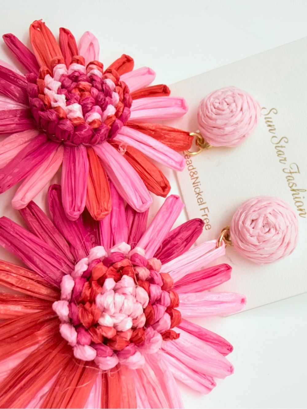 Pink & Red Floral Raffia Drop Earrings - Picture 3 of 5